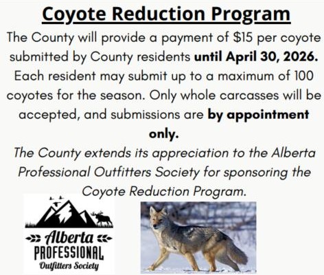 Coyote Reduction Program -  $15/coyote; ends April 30, 2026