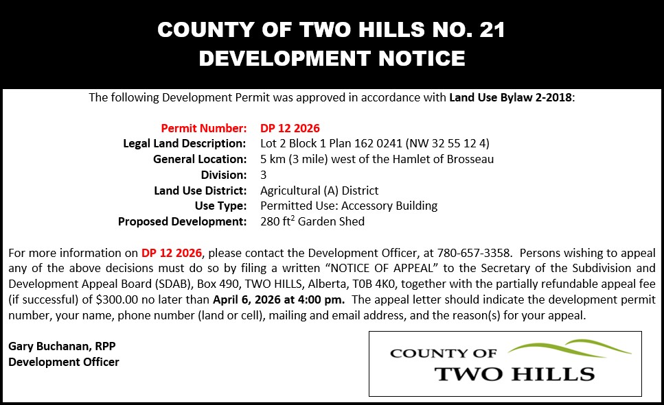 Development Permit 12 2026 — Lot 2 Block 1 Plan 0162 0241 (NW32-55-12-W4); 280sqft garden shed
