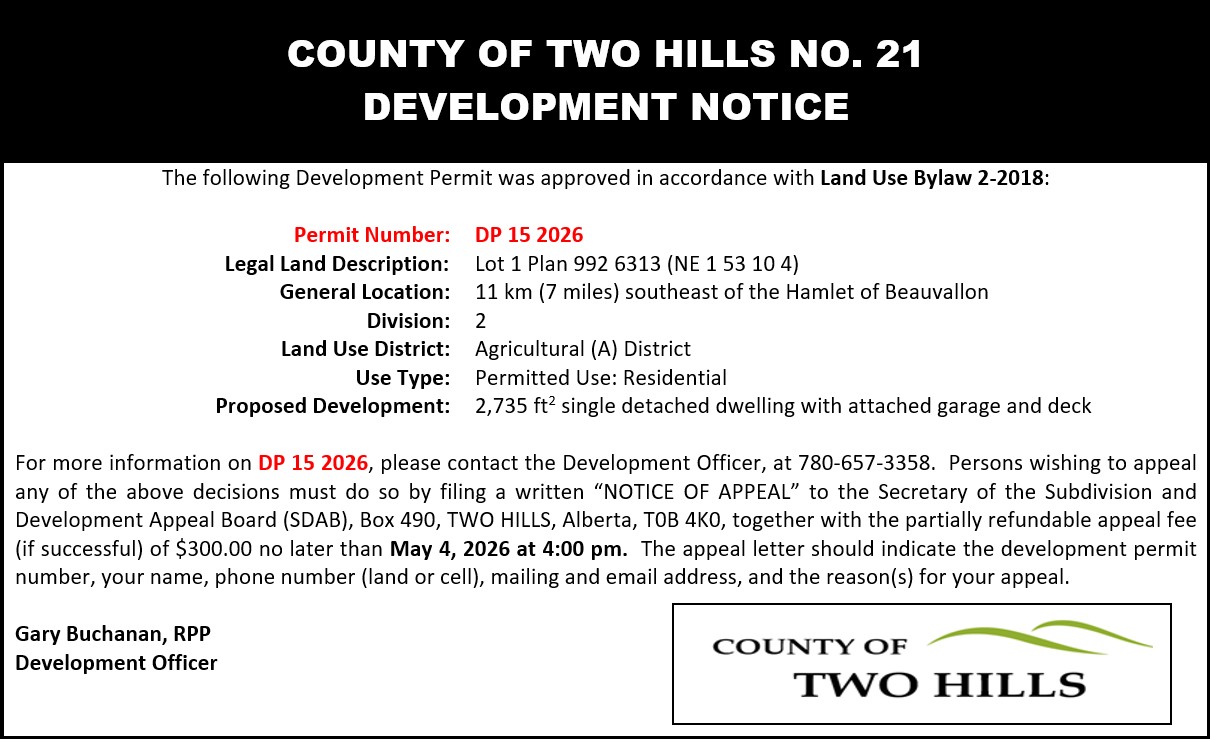 Development Permit 15 2026 — Lot 1 Plan 992 6313 (NE-1-53-10-W4), 11km southeast of Beauvallon; 2375sqft single detached dwelling with attached garage and deck