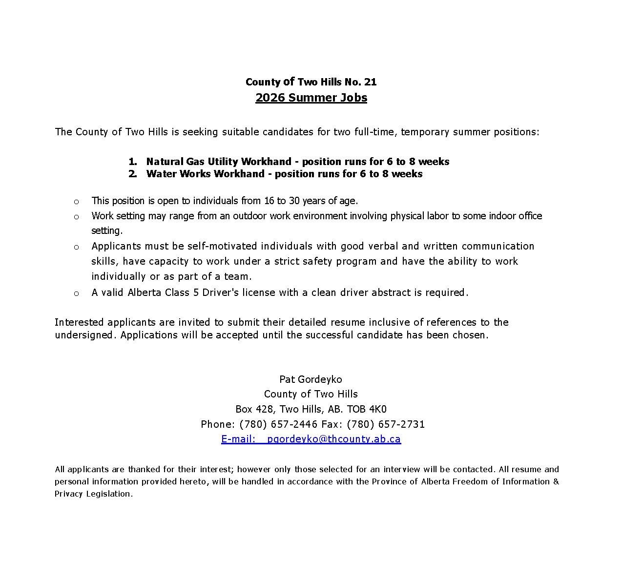 Employment Opportunity - Gas Utility - Summer Jobs