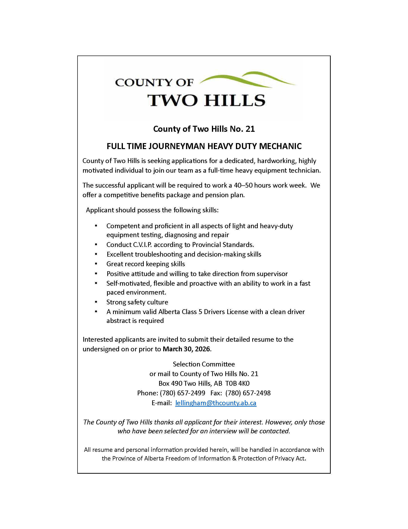 Employment Posting, 2026, Public Works, Heavy Duty mechanic, 40-50 hours per week, apply by march 30