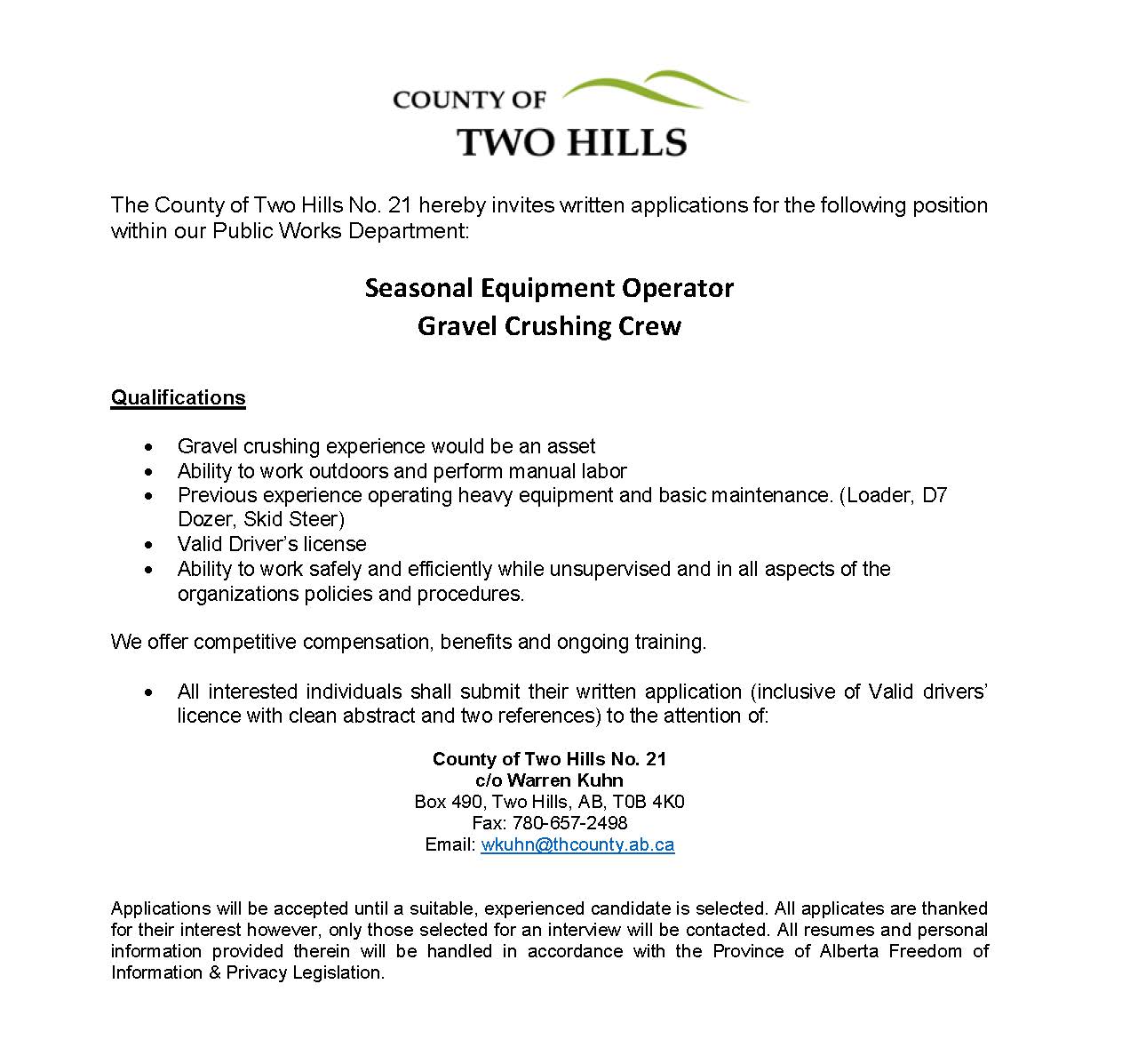 2026 Job Posting - Seasonal Gravel Crusher Equipment Operator (Public Works)