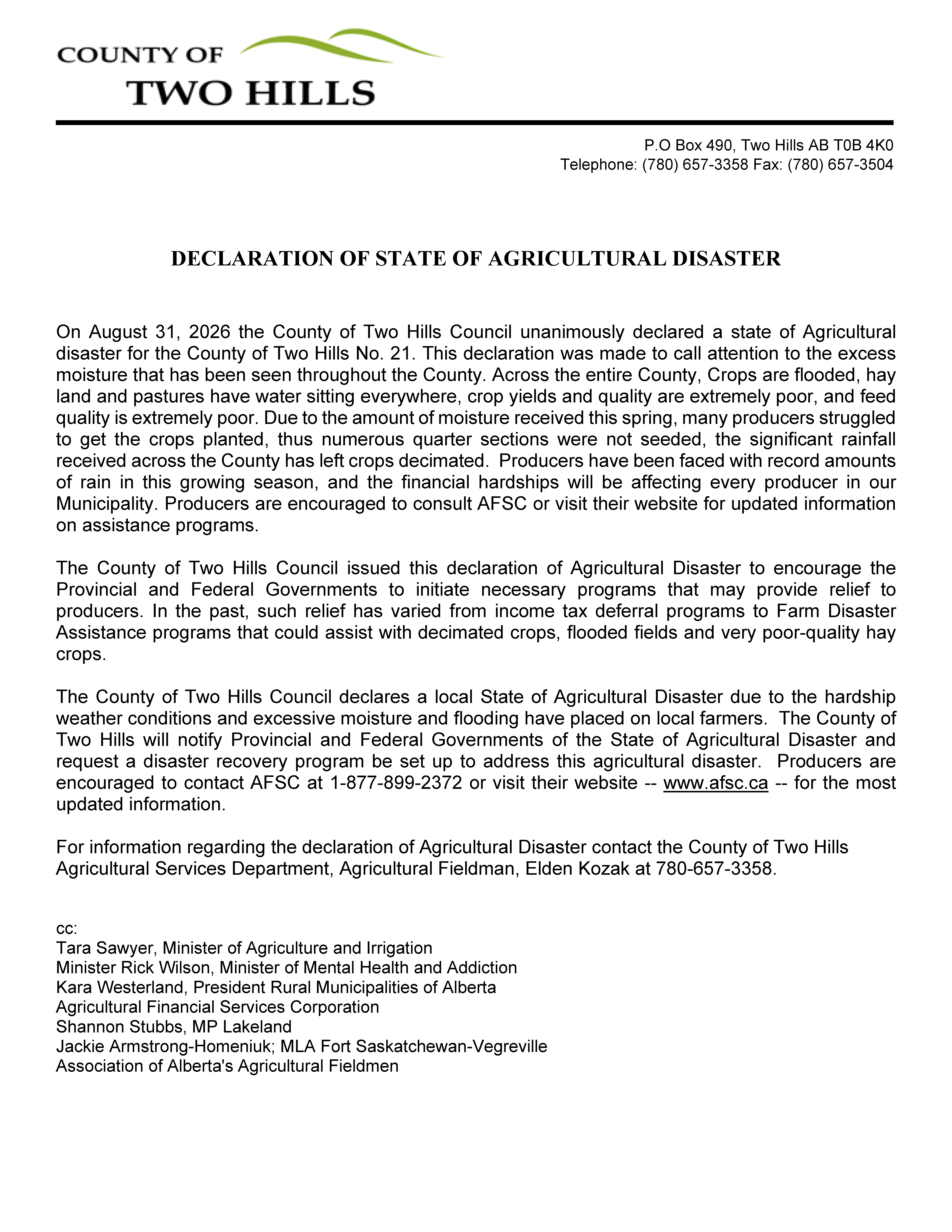 2026 08 31 Ag. Disaster Declaration