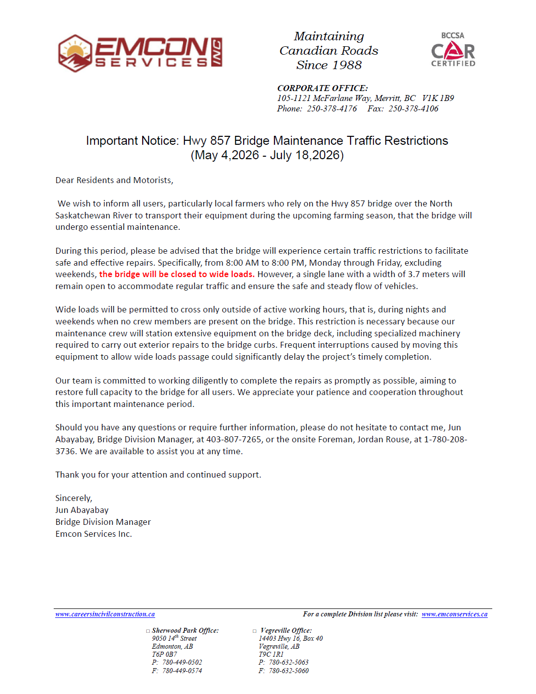 Bridge Maintenance Notification Letter — Highway 857 over the North Saskatchewan River — May 4, 2026–July 18, 2026 — bridge closed to wide loads from 8AM–8PM Monday to Friday