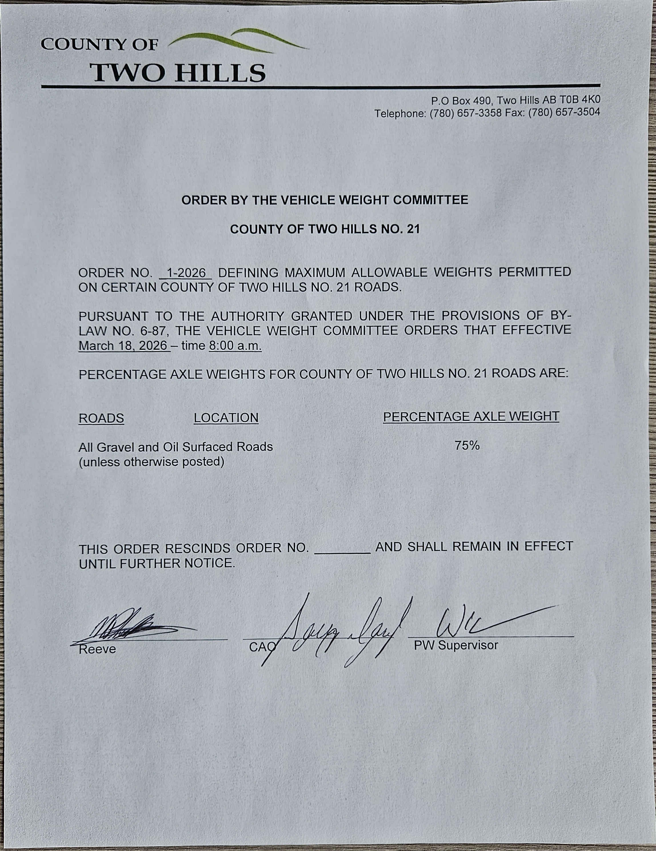 Road Ban Order No. 1-2026; maximum of 75% axle weight on all gravel and oil surfaced roads unless otherwise posted